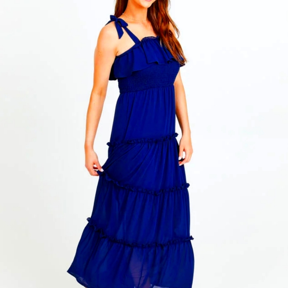 Altar'd State Rain Navy Ruffled Maxi Dress Small